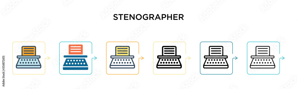 Stenographer vector icon in 6 different modern styles. Black, two colored stenographer icons designed in filled, outline, line and stroke style. Vector illustration can be used for web, mobile, ui - obrazy, fototapety, plakaty 