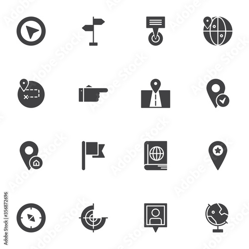 Geo location vector icons set, gps navigation modern solid symbol collection, filled style pictogram pack. Signs logo illustration. Set includes icons as signpost, map marker, route distance direction
