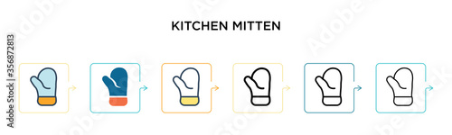 Kitchen mitten vector icon in 6 different modern styles. Black, two colored kitchen mitten icons designed in filled, outline, line and stroke style. Vector illustration can be used for web, mobile, ui