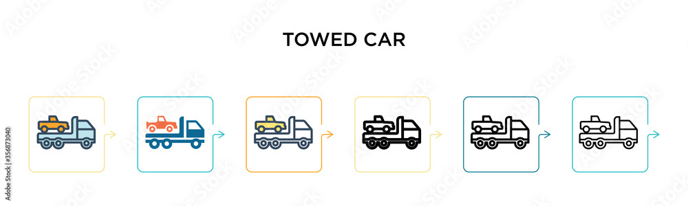 Towed car vector icon in 6 different modern styles. Black, two colored towed car icons designed in filled, outline, line and stroke style. Vector illustration can be used for web, mobile, ui