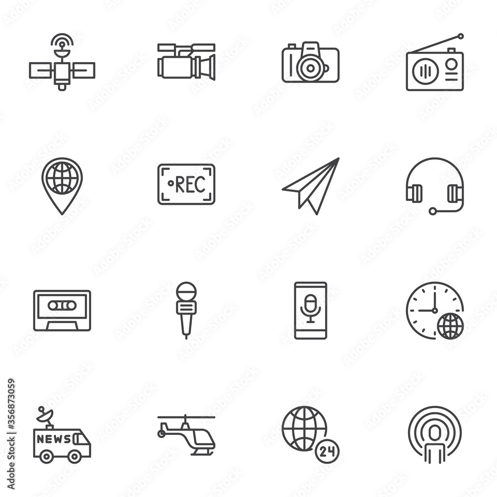 Press news line icons set, journalism outline vector symbol collection, linear style pictogram pack. Signs, logo illustration. Set includes icons as camera, radio, satellite broadcasting, microphone Press news line icons set, journalism outline vector symbol collection, linear style pictogram pack. Signs, logo illustration. Set includes icons as camera, radio, satellite broadcasting, microphone
