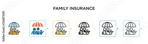 Family insurance vector icon in 6 different modern styles. Black, two colored family insurance icons designed in filled, outline, line and stroke style. Vector illustration can be used for web,