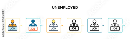 Unemployed vector icon in 6 different modern styles. Black, two colored unemployed icons designed in filled, outline, line and stroke style. Vector illustration can be used for web, mobile, ui