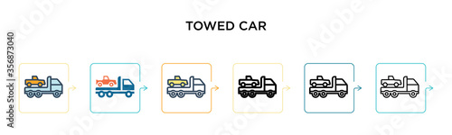 Towed car vector icon in 6 different modern styles. Black, two colored towed car icons designed in filled, outline, line and stroke style. Vector illustration can be used for web, mobile, ui
