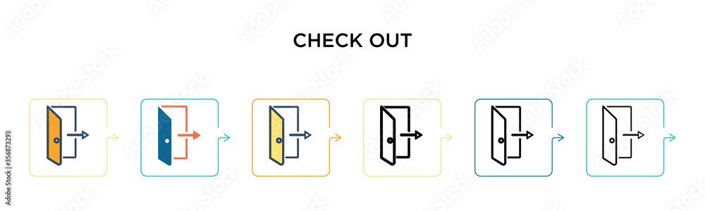 Check out vector icon in 6 different modern styles. Black, two colored check out icons designed in filled, outline, line and stroke style. Vector illustration can be used for web, mobile, ui Check out vector icon in 6 different modern styles. Black, two colored check out icons designed in filled, outline, line and stroke style. Vector illustration can be used for web, mobile, ui