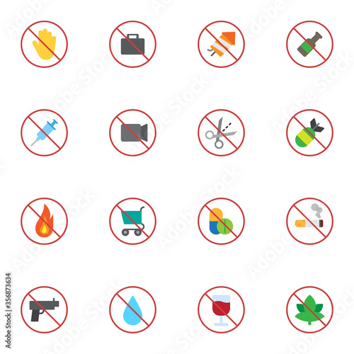 Prohibition signs collection, flat icons set, Colorful symbols pack contains - stop hand gesture, no firecracker, stop smoking, no alcohol drinks, liquids, pill. Vector illustration. Flat style design