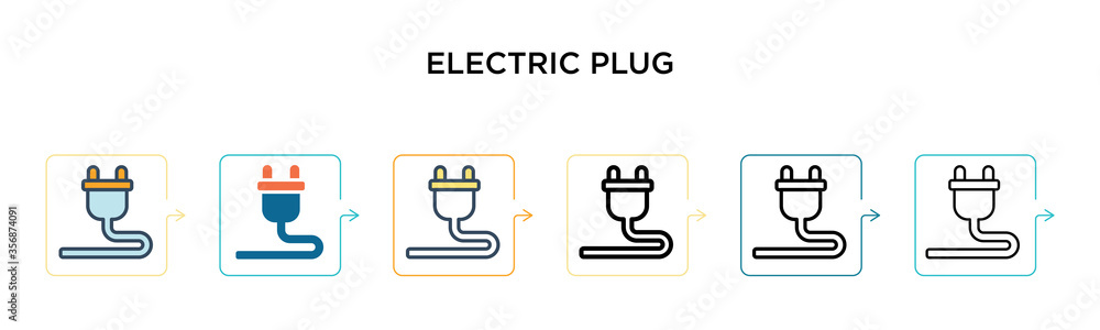 Electric plug vector icon in 6 different modern styles. Black, two colored electric plug icons designed in filled, outline, line and stroke style. Vector illustration can be used for web, mobile, ui Electric plug vector icon in 6 different modern styles. Black, two colored electric plug icons designed in filled, outline, line and stroke style. Vector illustration can be used for web, mobile, ui