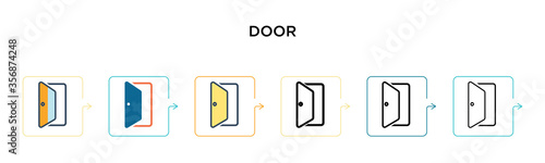 Door vector icon in 6 different modern styles. Black, two colored door icons designed in filled, outline, line and stroke style. Vector illustration can be used for web, mobile, ui