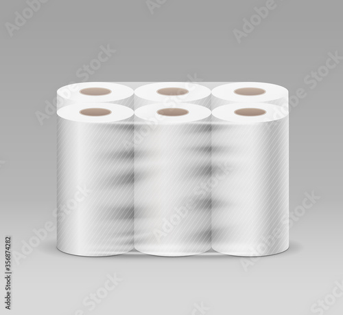 Plastic long roll toilet paper one package six roll, design on gray background, vector illustration