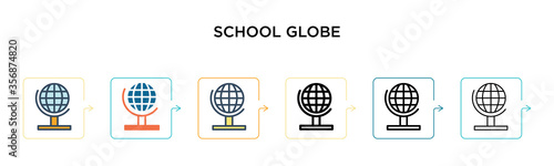 School globe vector icon in 6 different modern styles. Black, two colored school globe icons designed in filled, outline, line and stroke style. Vector illustration can be used for web, mobile, ui
