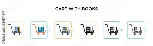 Cart with books vector icon in 6 different modern styles. Black, two colored cart with books icons designed in filled, outline, line and stroke style. Vector illustration can be used for web, mobile,