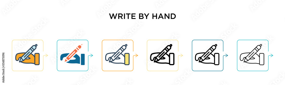 Write by hand vector icon in 6 different modern styles. Black, two colored write by hand icons designed in filled, outline, line and stroke style. Vector illustration can be used for web, mobile, ui Write by hand vector icon in 6 different modern styles. Black, two colored write by hand icons designed in filled, outline, line and stroke style. Vector illustration can be used for web, mobile, ui