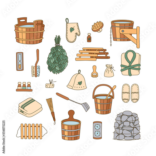 Sauna accessories - washer, broom, tub, bucket, pot and other. Bathhouse wooden accessories. Set of hand drawn objects. Vector illustration in doodle style on white background. Editable stroke
