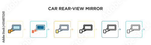 Car rear-view mirror vector icon in 6 different modern styles. Black, two colored car rear-view mirror icons designed in filled, outline, line and stroke style. Vector illustration can be used for