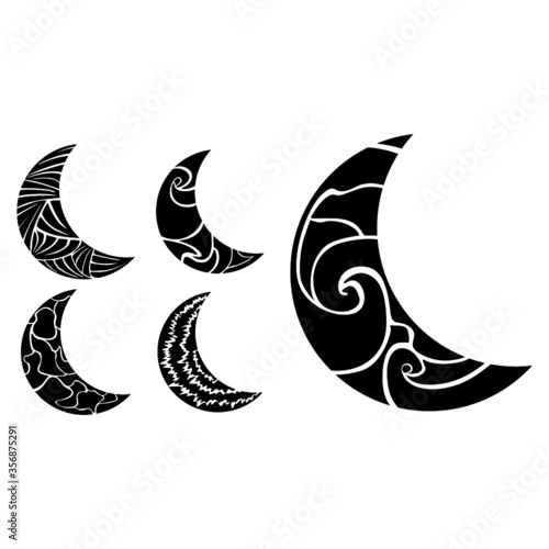 Set of Simple Moon Vector Design in Black with Pattern Theme