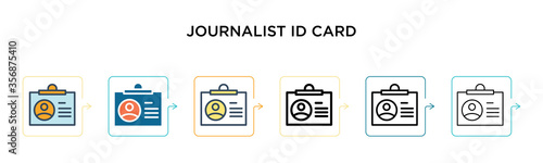 Journalist id card vector icon in 6 different modern styles. Black, two colored journalist id card icons designed in filled, outline, line and stroke style. Vector illustration can be used for web,