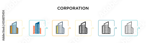 Corporation vector icon in 6 different modern styles. Black, two colored corporation icons designed in filled, outline, line and stroke style. Vector illustration can be used for web, mobile, ui