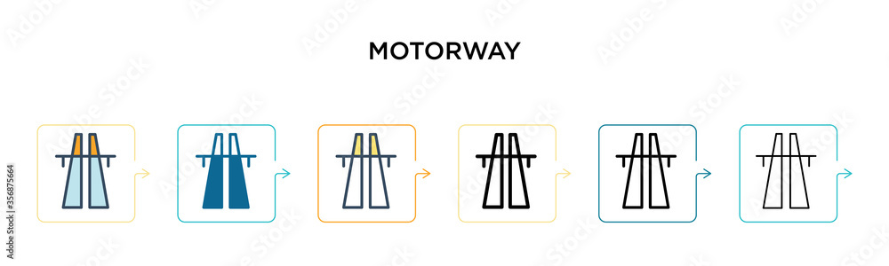 Motorway vector icon in 6 different modern styles. Black, two colored motorway icons designed in filled, outline, line and stroke style. Vector illustration can be used for web, mobile, ui Motorway vector icon in 6 different modern styles. Black, two colored motorway icons designed in filled, outline, line and stroke style. Vector illustration can be used for web, mobile, ui