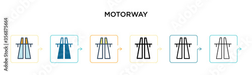 Motorway vector icon in 6 different modern styles. Black, two colored motorway icons designed in filled, outline, line and stroke style. Vector illustration can be used for web, mobile, ui