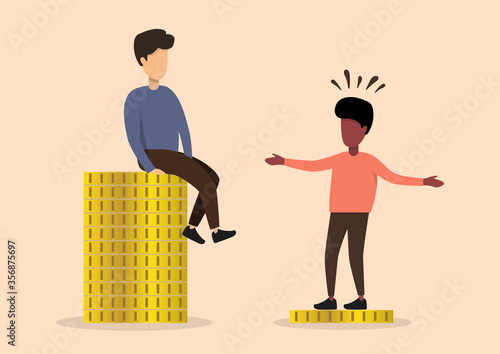 Inequality and injustice, unequality of black and white people concept. Racism, discrimination in business. Inequality in wages and salary. white man sitting on stack of coins over a black man on coin