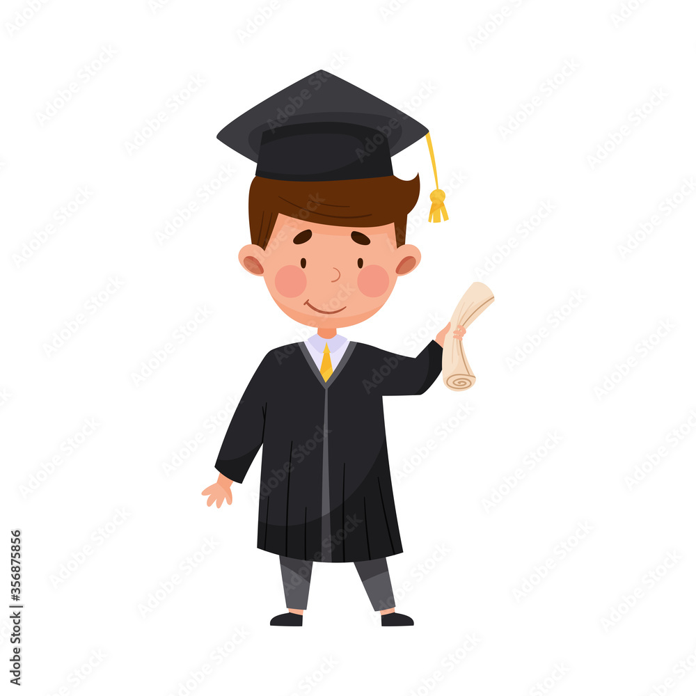 Boy Character in Academic Gown and Square Cap Cheering About Graduation Ceremony Vector Illustration