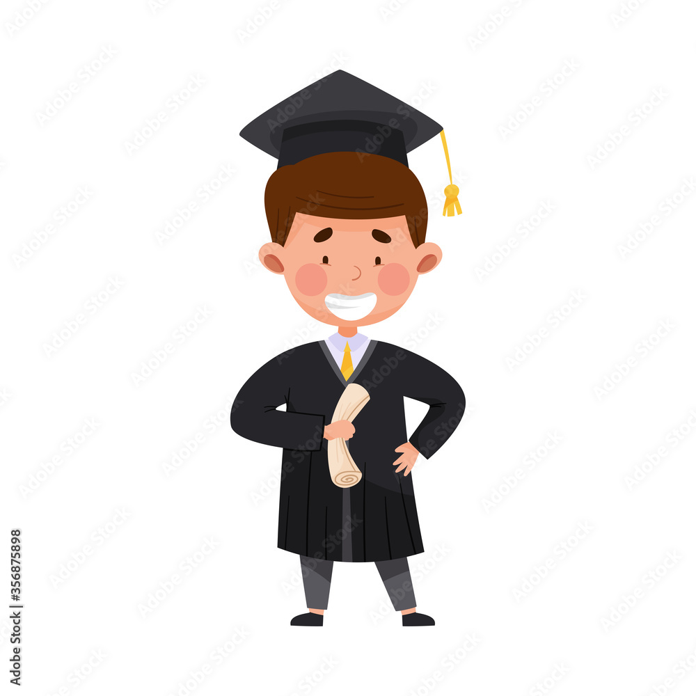 Smiling Boy Character in Academic Gown and Square Cap Cheering About Graduation Ceremony Vector Illustration Smiling Boy Character in Academic Gown and Square Cap Cheering About Graduation Ceremony Vector Illustration