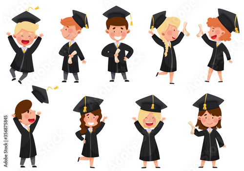 Girl and Boy Characters Wearing Academic Dresses or Gown and Square Academic Cap Cheering About Graduation Ceremony Vector Illustrations Set