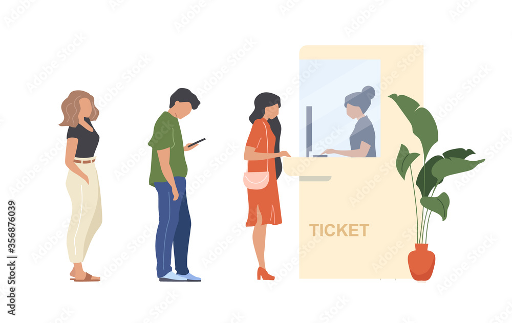 People buy ticket flat color vector faceless characters