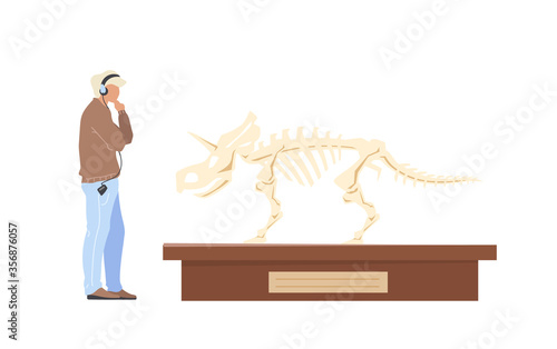 Paleontology exhibition male visitor flat color vector faceless characters © The img