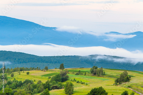 landscape in the mountains in the fog. beautiful landscape . great weather in summer. On the tops of the mountains meadows. Green trees grass. © robertuzhbt89