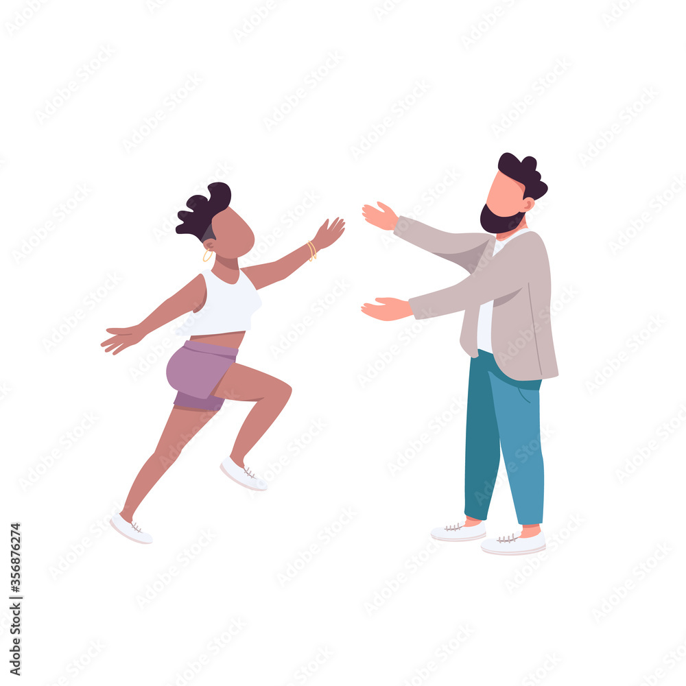 Woman run to hug man flat color vector faceless characters