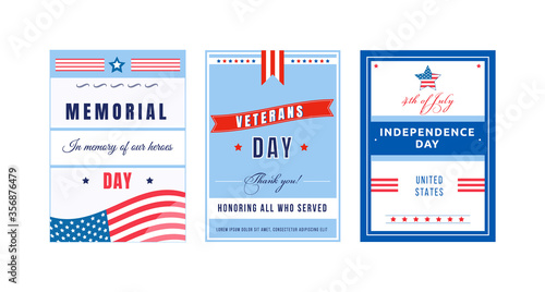 US national holiday poster flat vector templates set