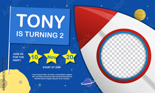 Kid birthday party invitation card design vector illustration with place for image on rocket