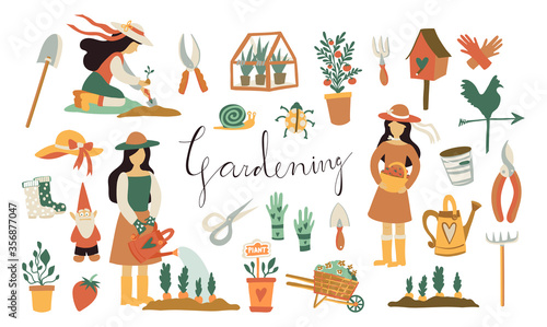 Summer gardening. Set of vector flat hand drawn illustrations of a girl performing garden work - watering, planting, growing and transplanting seedlings. Garden tools, lettering Gardening