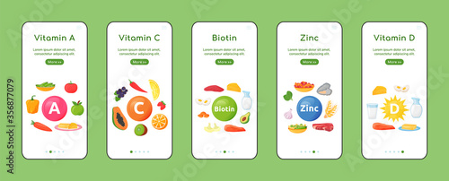 Vitamins and minerals onboarding mobile app screen flat vector template