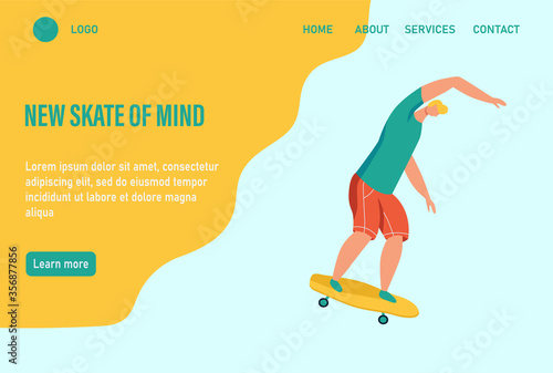 A young man or teenager rides a skateboard. Website homepage landing web page template. Flat vector illustration.