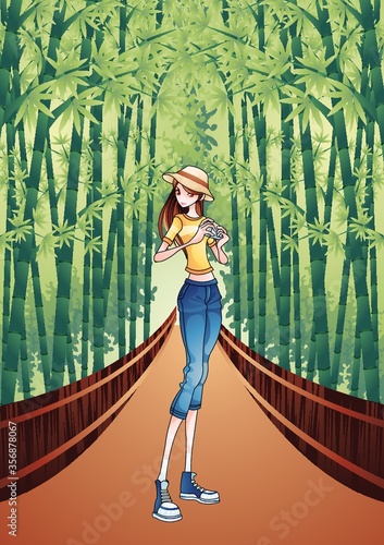 girl with camera on wooden bridge