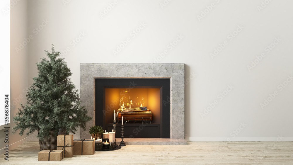 Naklejka premium Modern white living room with simple Christmas tree decoration and fireplace - 3D rendering