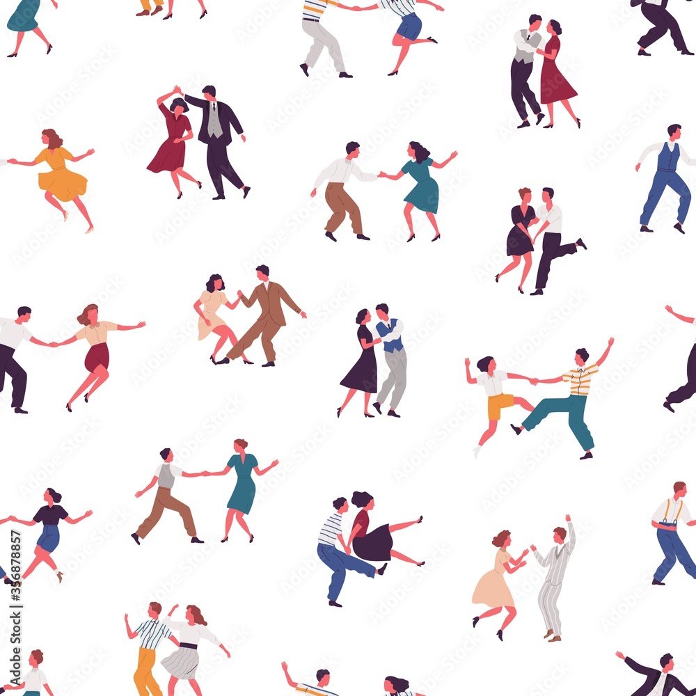Colorful man and woman dancers performing Lindy hop or Swing seamless pattern. Pairs dancing together on white background. People demonstrate retro dance elements vector flat illustration