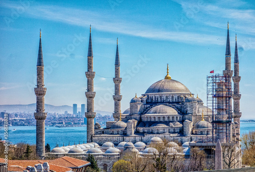 Photography The blue mosque is seen overlooking the Bosphorus Strait in Istanbul, Turkey