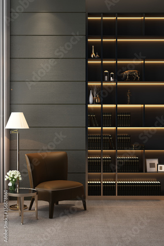 Fotografie Modern luxury living room with cozy brown leather seat corner, indirect light bo