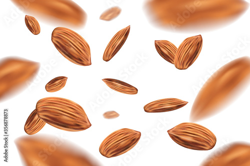 Realistic Falling almond nuts isolated on white background. Template with almonds for packaging design. 3d vector illustration