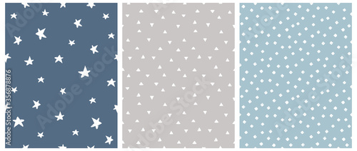 Geometric Seamless Vector Patterns with White Hand Drawn Stars, Triangles and Diamonds Isolated on a Blue and Gray Background. Simple Lovely Confetti Rain. Cute Starry Layout. Abstract Backdrop.