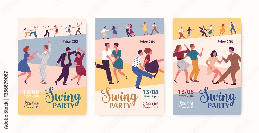 Set of Swing party colorful promo poster vector flat illustration. Collection of announcement Lindy hop dancing event with place for text. Male and female cartoon characters performing dance