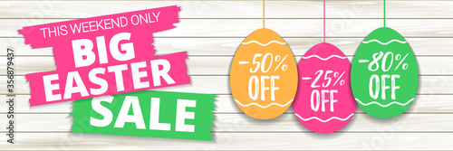 Big Easter sale offer, banner template. Colored easter egg price sticker with lettering, isolated on wooden background. Easter paper eggs sale tag. Shop market web banner or poster design. Vector EPS