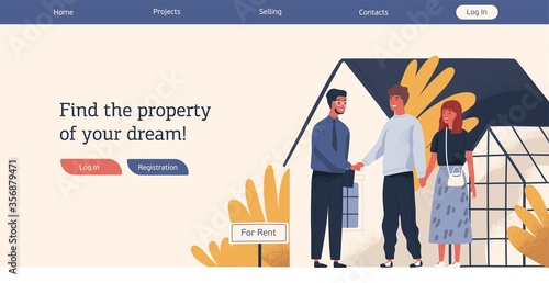 Web advertising template real estate agency vector flat illustration. Happy couple and smiling agent shaking hands celebrate renting house. Promo with place for text of sell or rent property service