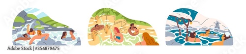 Set of different people bathing in hot springs vector illustration. Collection of man, woman and couples relax at natural water pond isolated on white. Touristic joyful person at outdoor spa resort
