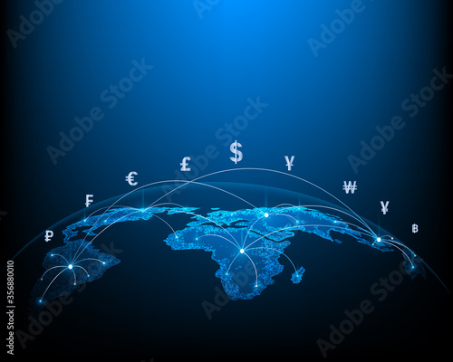 Concept netwok of monney transfers and currency exchanges between countries of the world