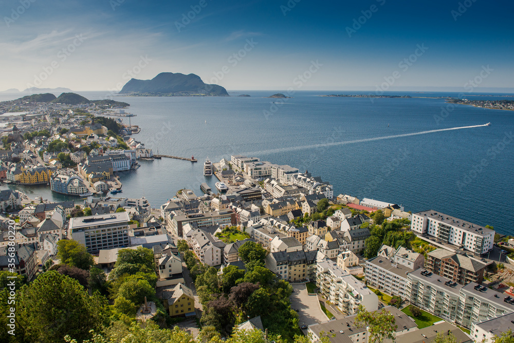 Alessund city consists of islands, aerial view. Beautiful city in Norway. Sea port