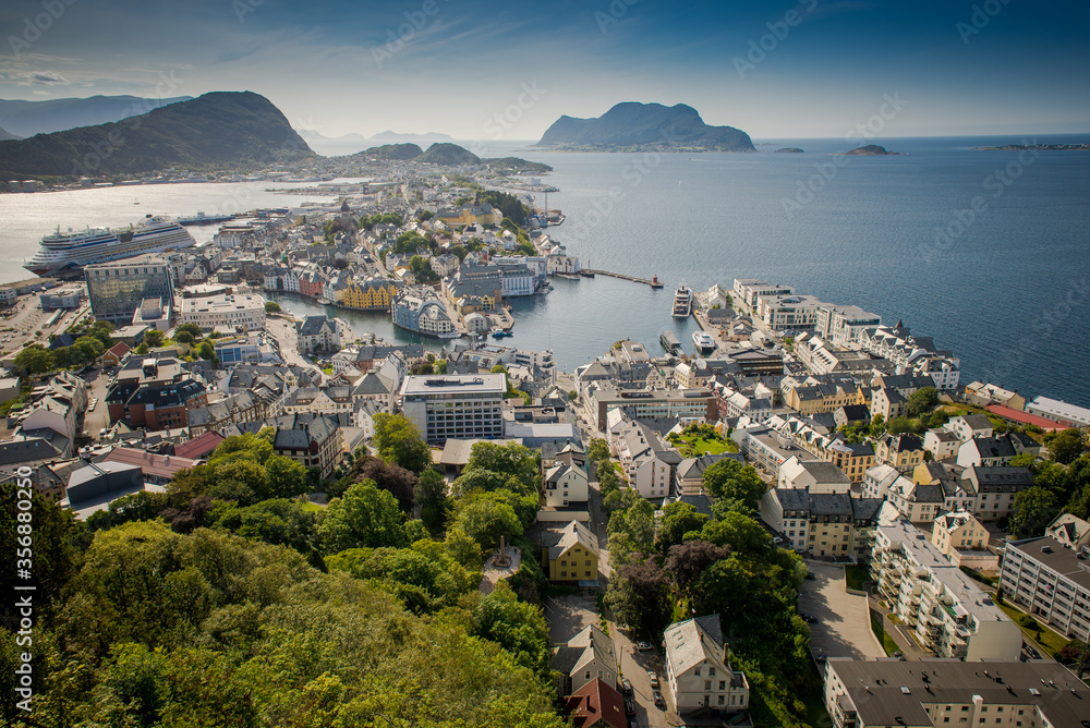 Obraz premium Alessund city consists of islands, aerial view. Beautiful city in Norway. Sea port